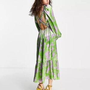 TOPSHOP Open-Back Long Sleeves Green Lavender Floral Tiered Midi Dress Size 6